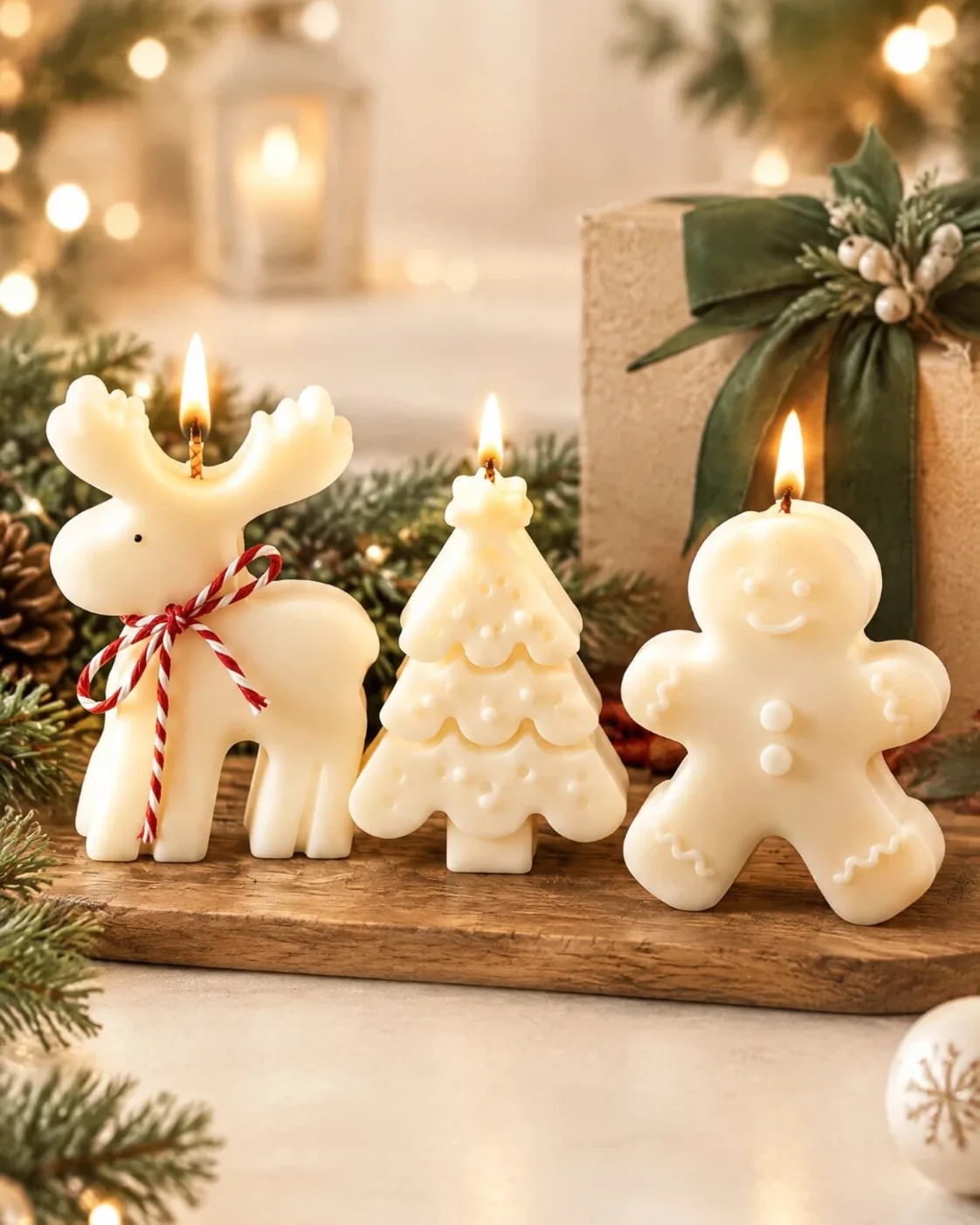Set de velas navideñas encendidas: reno, árbol y galleta de jengibre sobre una tabla de madera