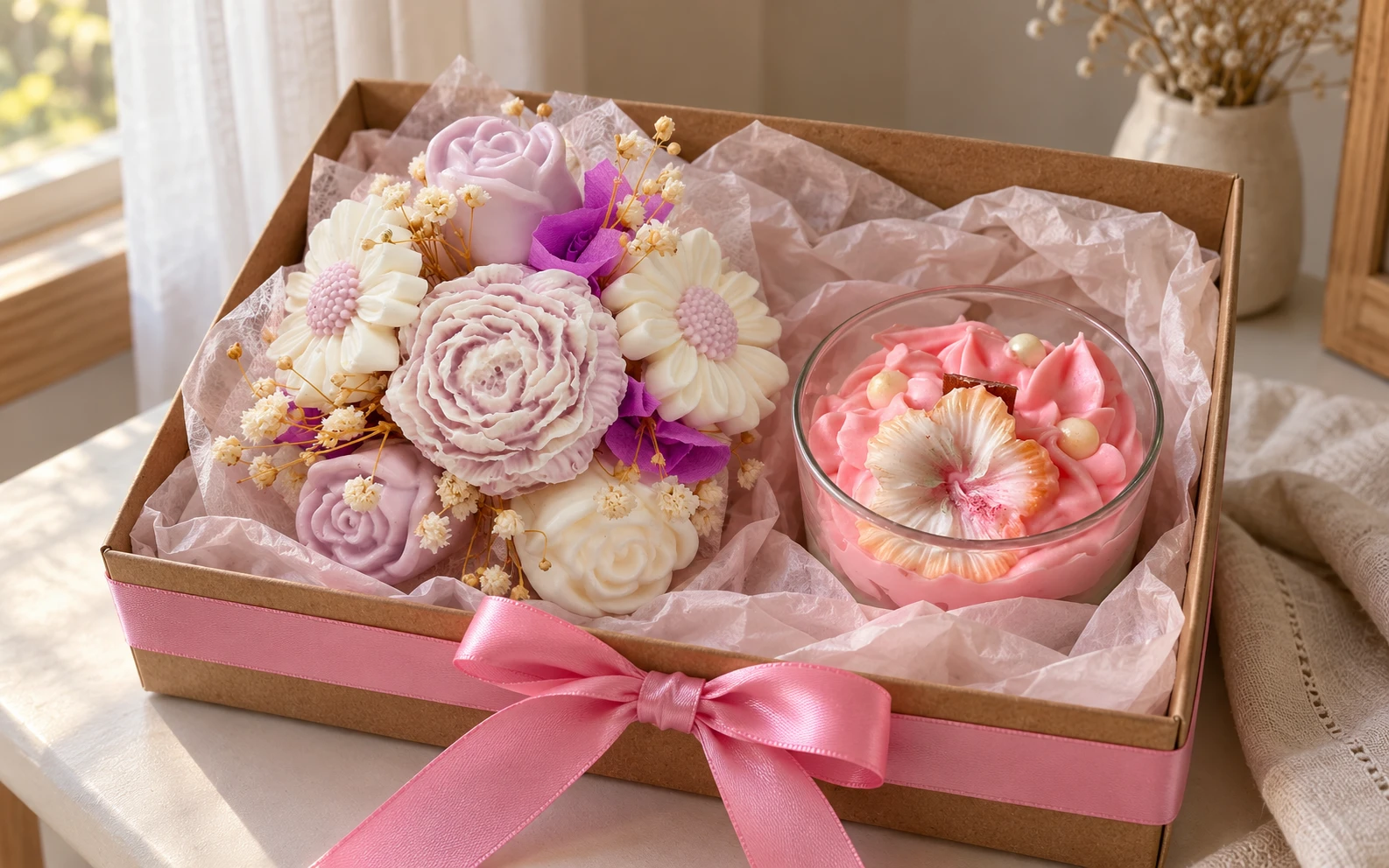 Caja de regalo con un ramo de jabones en forma de flor y una vela artesanal, atada con lazo rosado
